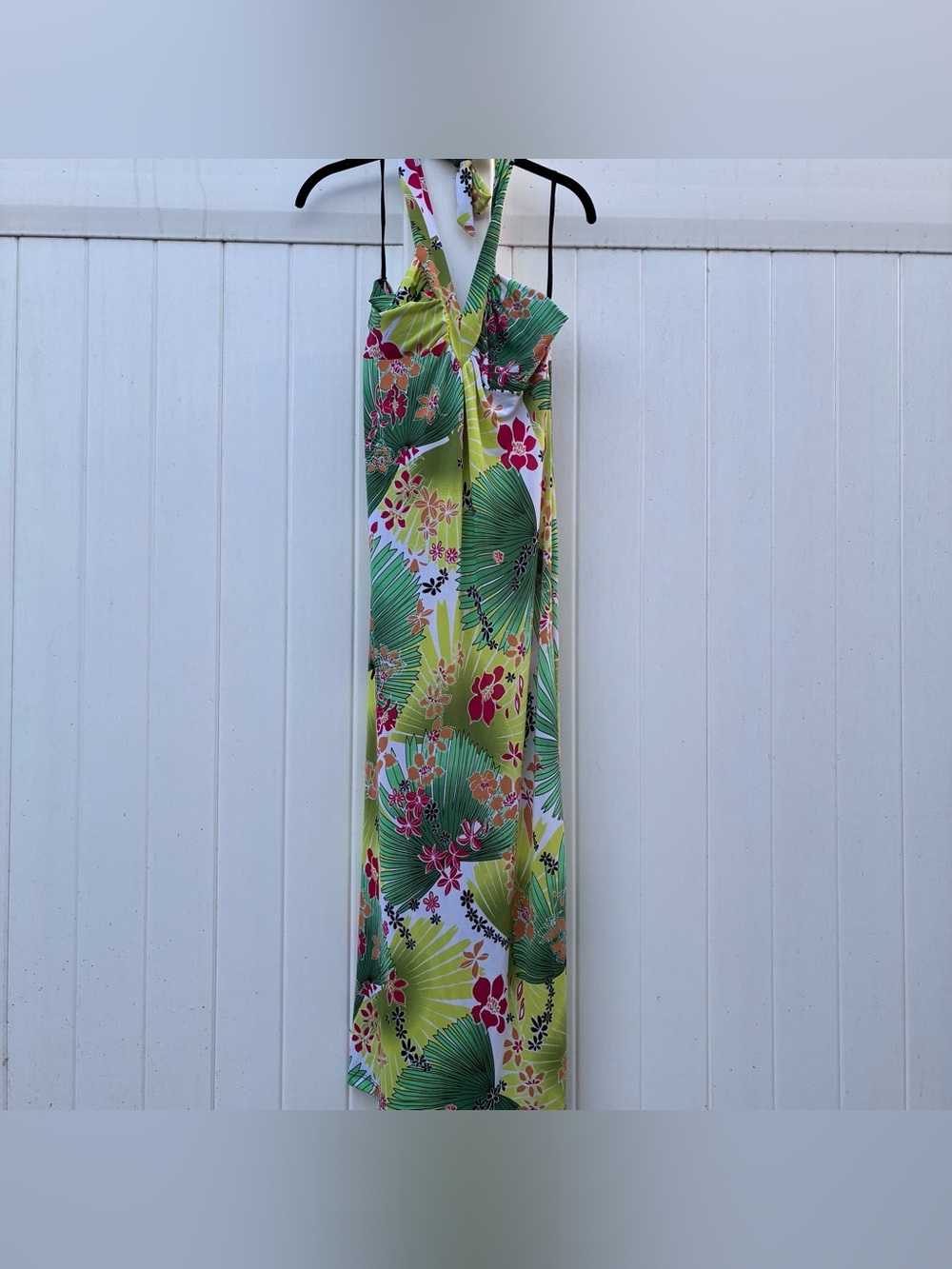 Mozy Women’s Floral Dress Green Yellow Maxi Tropical Retro 90s Sz L